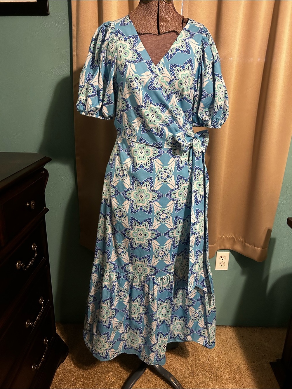 Blue Floral Wrap Maxi Dress with Tie Waist